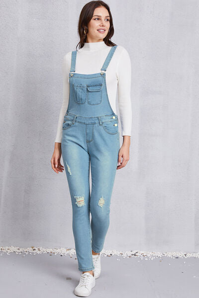 Blue Zone Planet |  Distressed Washed Denim Overalls with Pockets BLUE ZONE PLANET