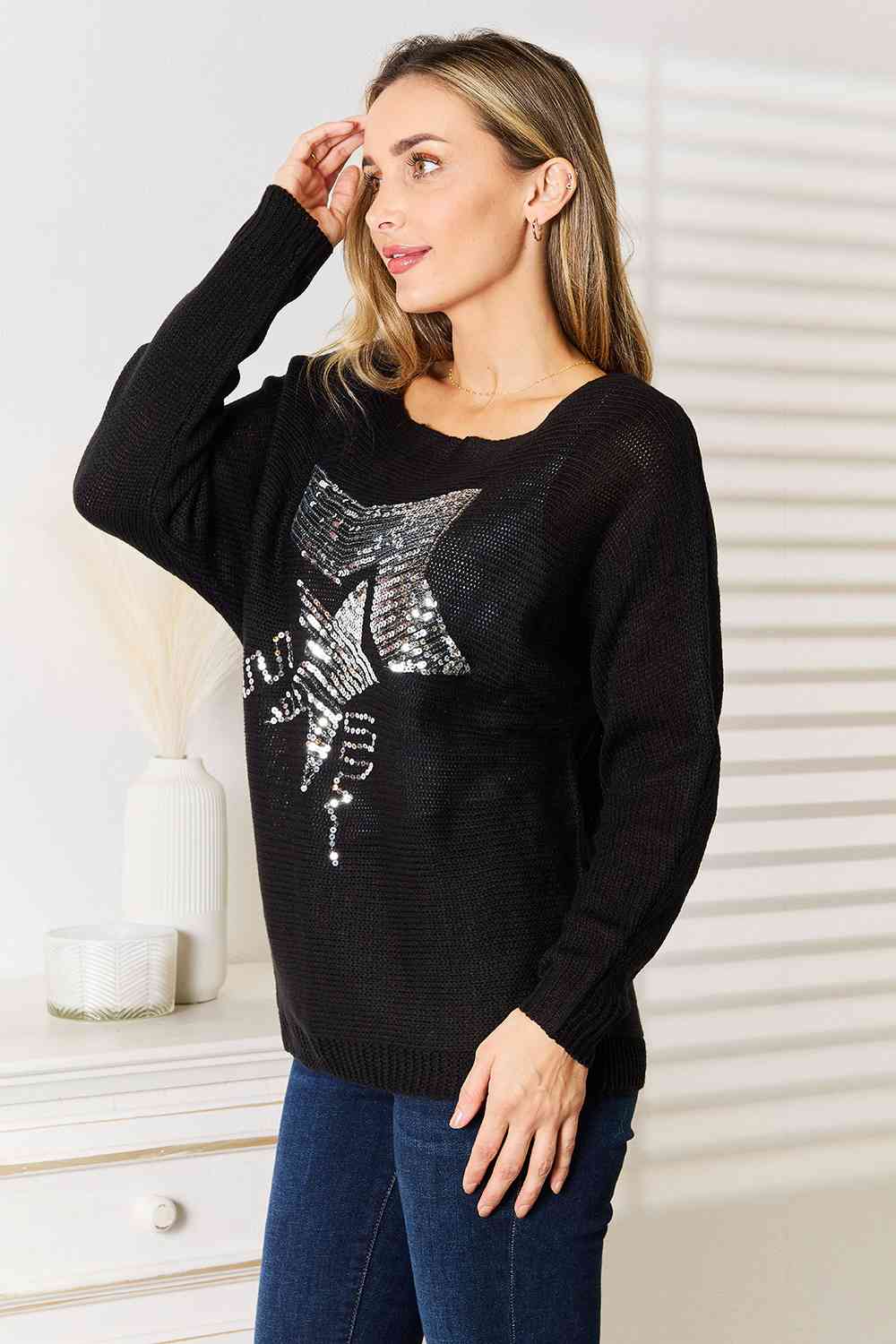 Double Take Sequin Graphic Dolman Sleeve Knit Top BLUE ZONE PLANET