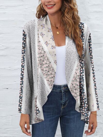 Printed Open Front Long Sleeve Cardigan Trendsi