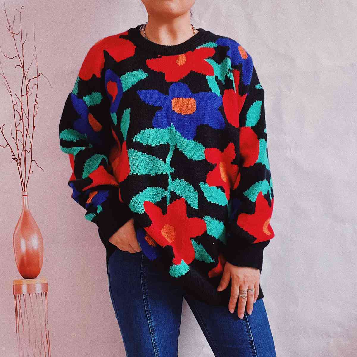 Floral Print Round Neck Drop Shoulder Sweater BLUE ZONE PLANET