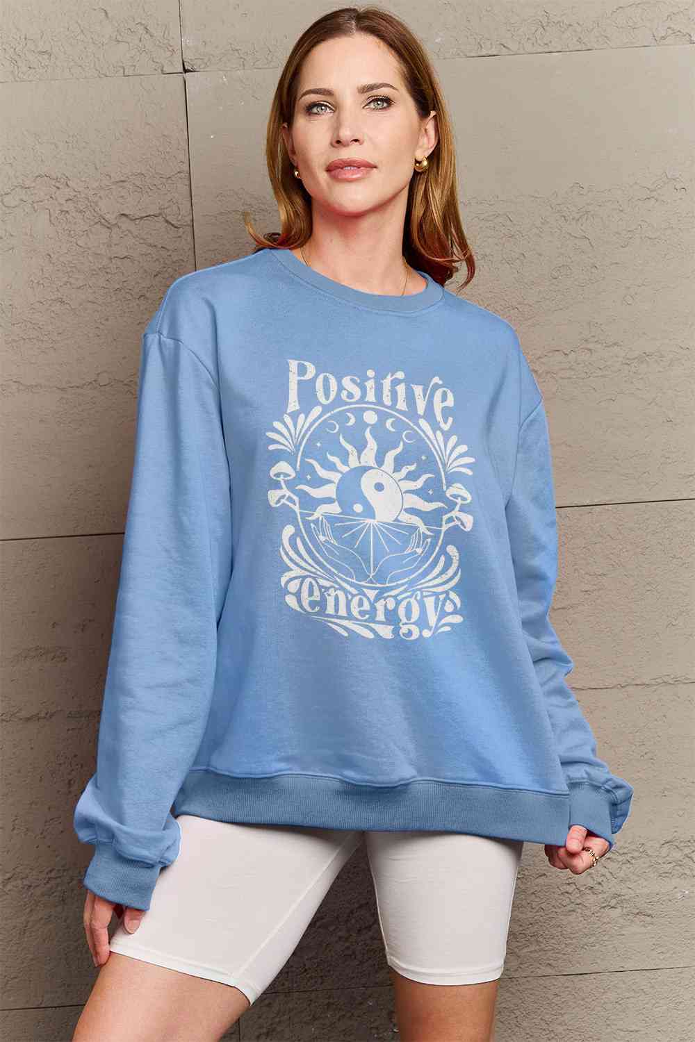 Simply Love Full Size POSITIVE ENERGY Graphic Sweatshirt BLUE ZONE PLANET