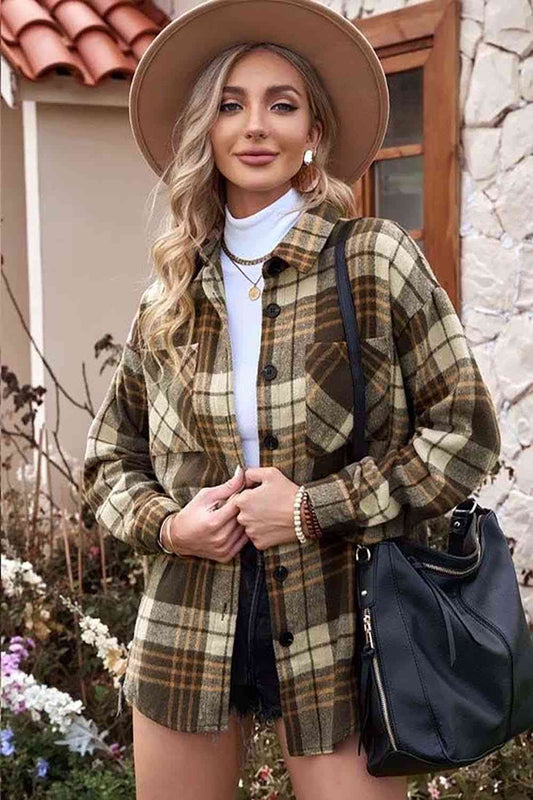 Plaid Collared Neck Button Up Jacket with Pockets BLUE ZONE PLANET