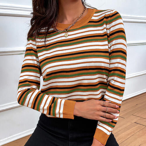 Striped Round Neck Long Sleeve Sweater BLUE ZONE PLANET