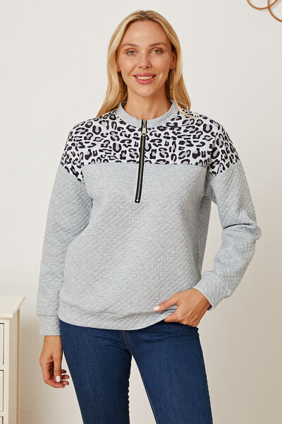 Leopard Half Zip Dropped Shoulder Sweatshirt-TOPS / DRESSES-[Adult]-[Female]-Heather Gray-S-2022 Online Blue Zone Planet