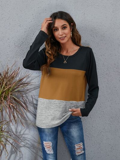 Color Block Round Neck Long Sleeve T-Shirt-TOPS / DRESSES-[Adult]-[Female]-Taupe-S-2022 Online Blue Zone Planet