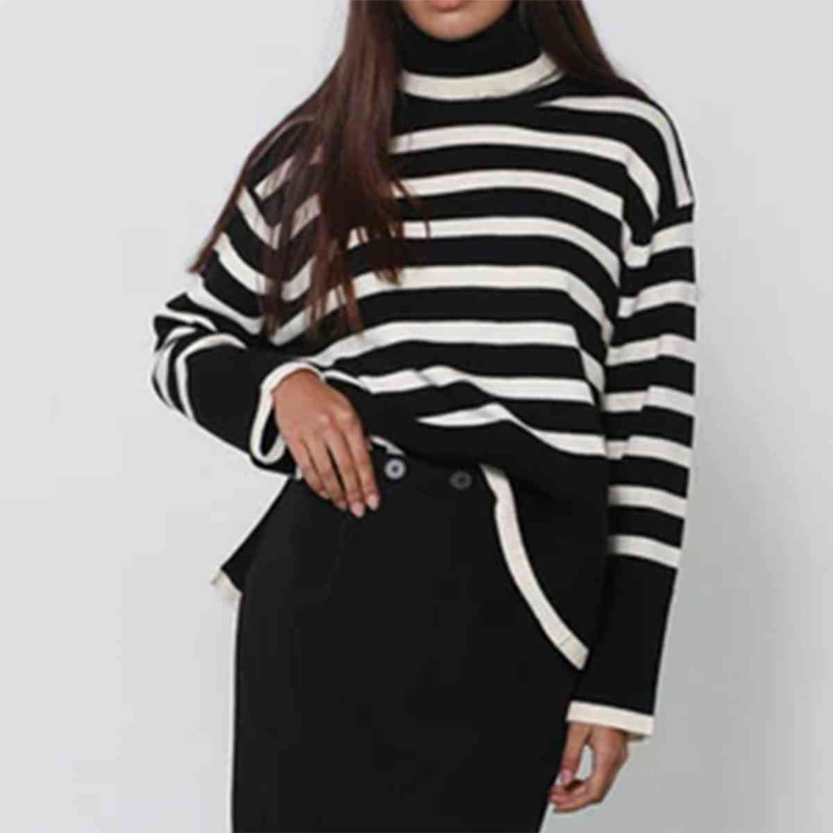 Striped Turtleneck Flare Sleeve Sweater BLUE ZONE PLANET