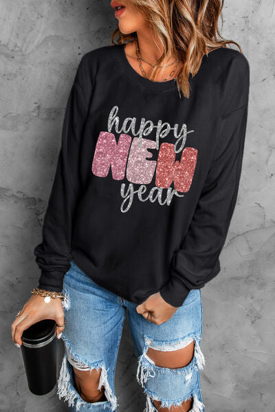 HAPPY NEW YEAR Round Neck Sweatshirt-TOPS / DRESSES-[Adult]-[Female]-Black-S-2022 Online Blue Zone Planet