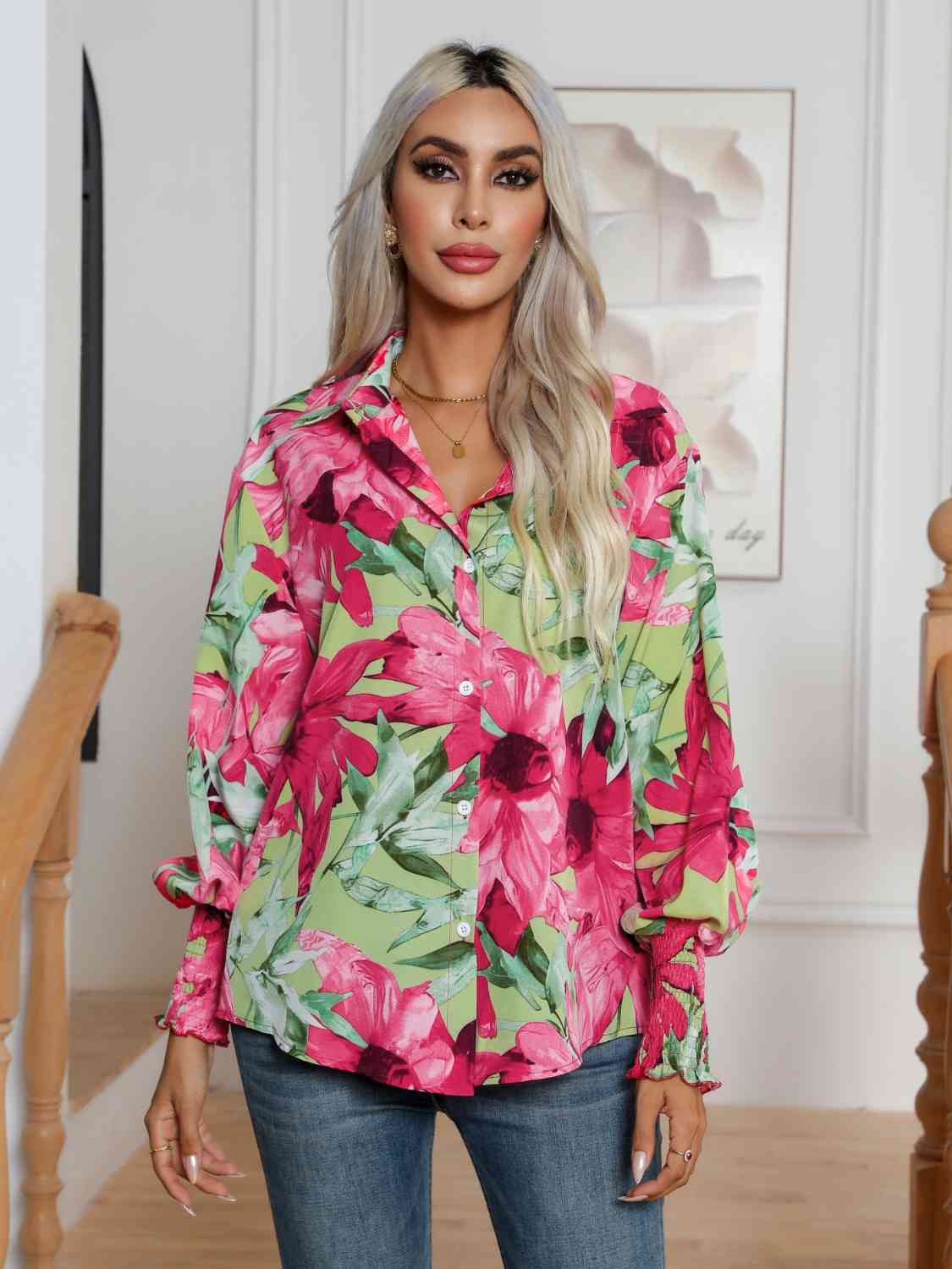 Floral Collared Neck Buttoned Shirt BLUE ZONE PLANET