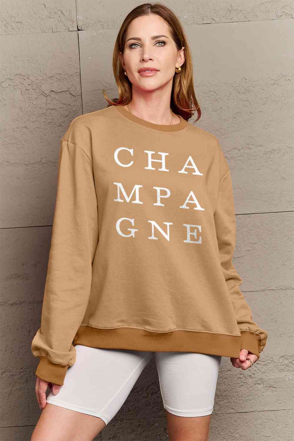 Simply Love Full Size CHAMPAGNE Graphic Long Sleeve Sweatshirt BLUE ZONE PLANET