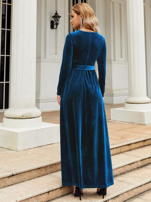 Tie Front Round Neck Long Sleeve Maxi Dress BLUE ZONE PLANET