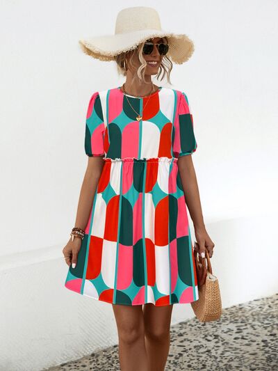 Blue Zone Planet |  Geometric Frill Round Neck Short Sleeve Dress BLUE ZONE PLANET