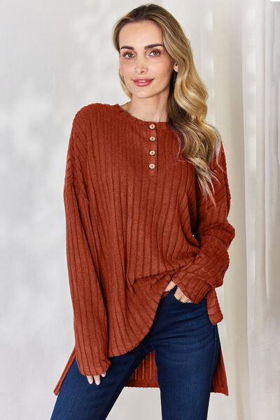 Basic Bae Full Size Ribbed Half Button Long Sleeve High-Low T-Shirt-TOPS / DRESSES-[Adult]-[Female]-Brick Red-S-2022 Online Blue Zone Planet