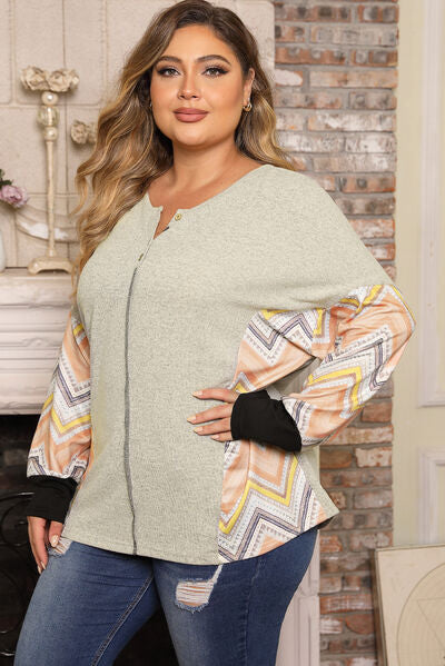 Plus Size Exposed Seam Print Long Sleeve T-Shirt BLUE ZONE PLANET