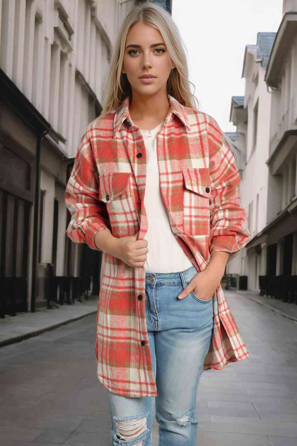 Plaid Dropped Shoulder Shirt Jacket BLUE ZONE PLANET