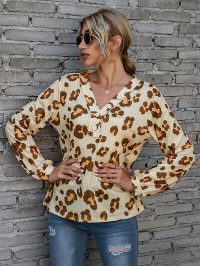 Leopard V-Neck Decorative Button Long Sleeve Blouse-TOPS / DRESSES-[Adult]-[Female]-2022 Online Blue Zone Planet