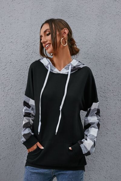 Plaid Drawstring Dropped Shoulder Hoodie BLUE ZONE PLANET