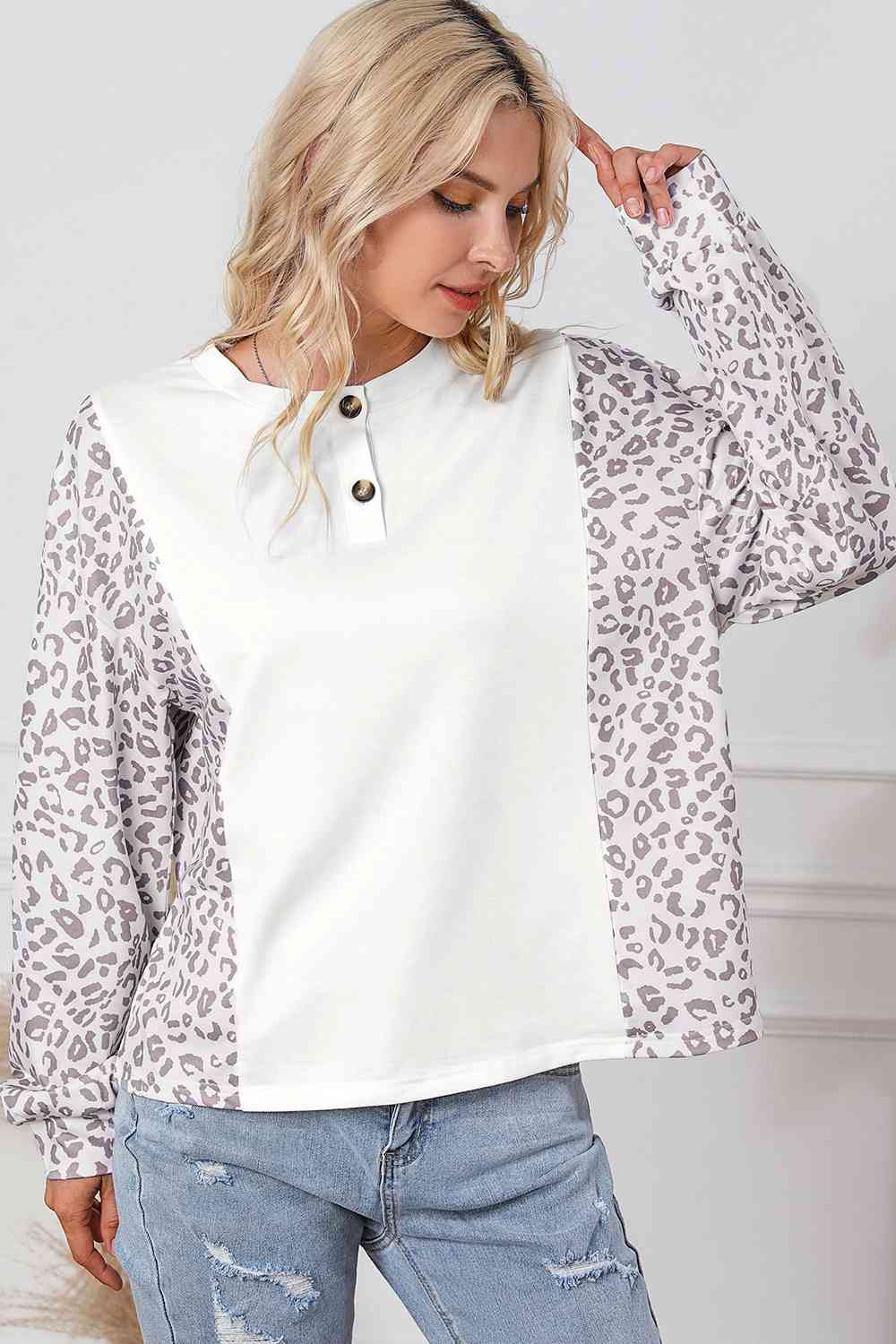 Leopard Round Neck Long Sleeve Top BLUE ZONE PLANET