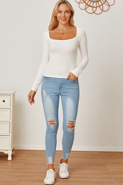 Square Neck Long Sleeve T-Shirt Trendsi