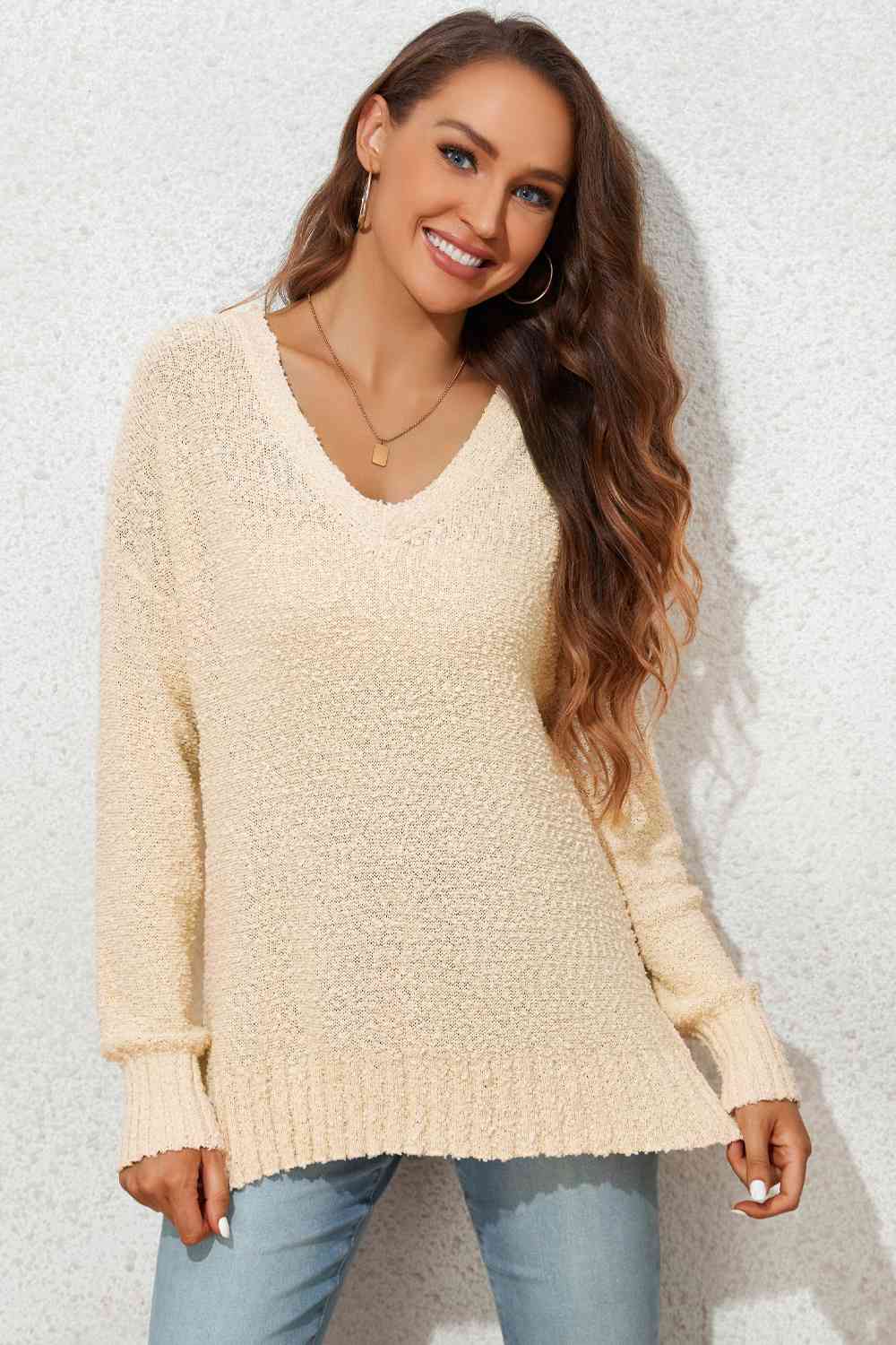 V-Neck Drop Shoulder Slit Sweater BLUE ZONE PLANET