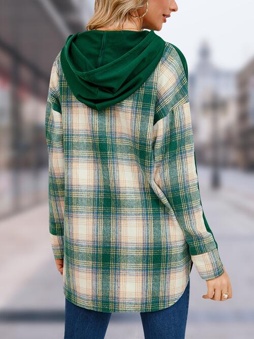 Plaid Drawstring Long Sleeve Slit Hoodie BLUE ZONE PLANET