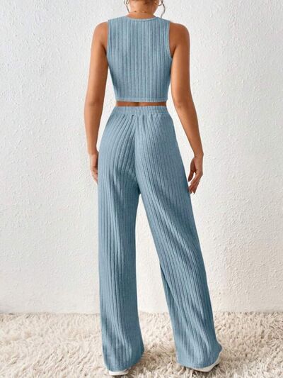 Ribbed Round Neck Tank and Pants Sweater Set Trendsi