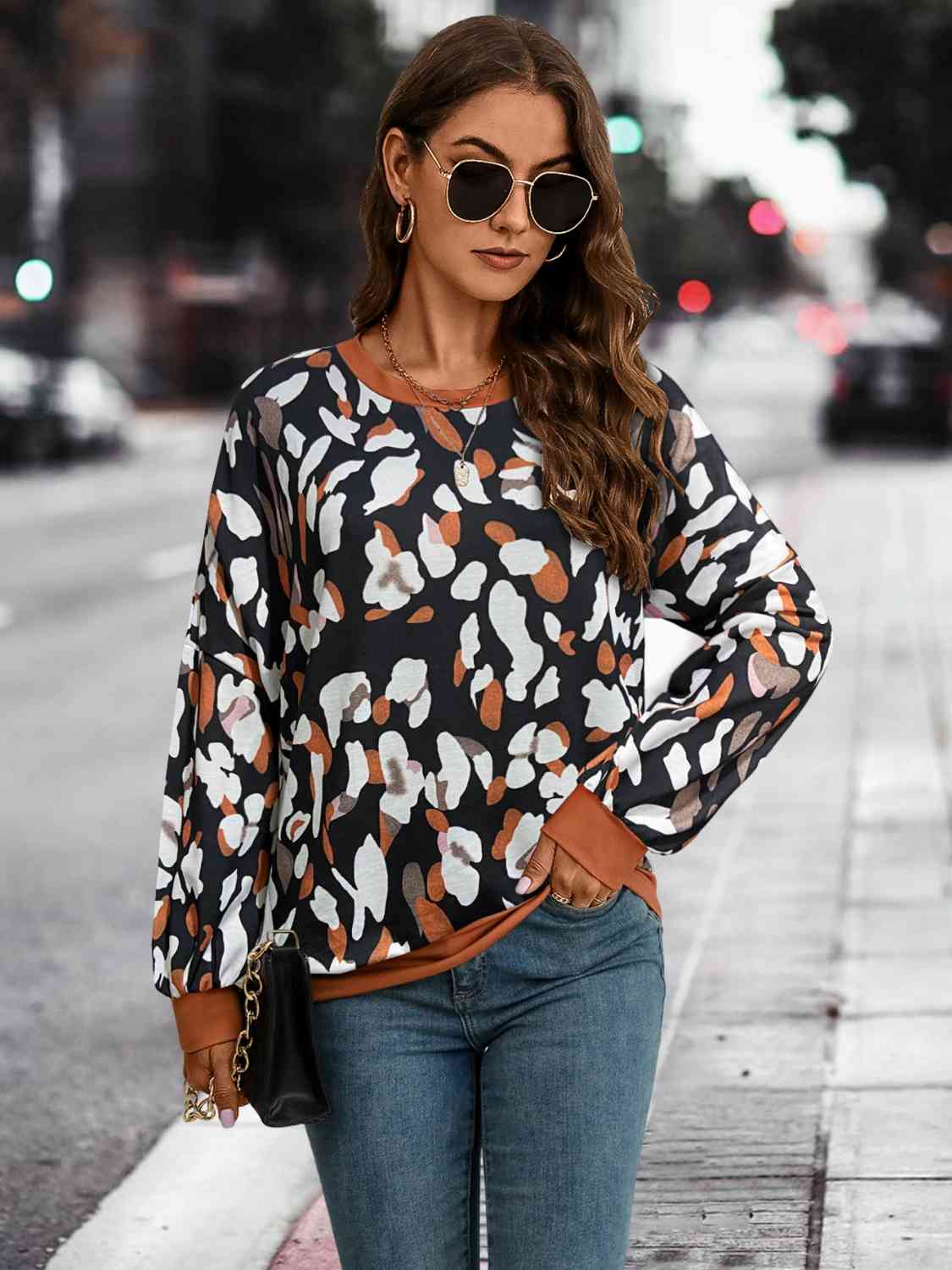 Leopard Round Neck Drop Shoulder Sweatshirt-TOPS / DRESSES-[Adult]-[Female]-2022 Online Blue Zone Planet