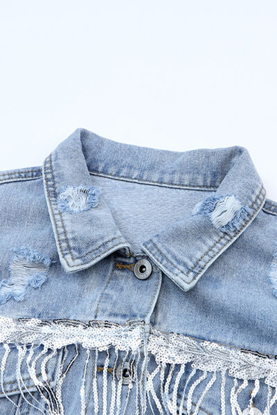 Sequin Fringe Trim Distressed Button Up Denim Jacket BLUE ZONE PLANET