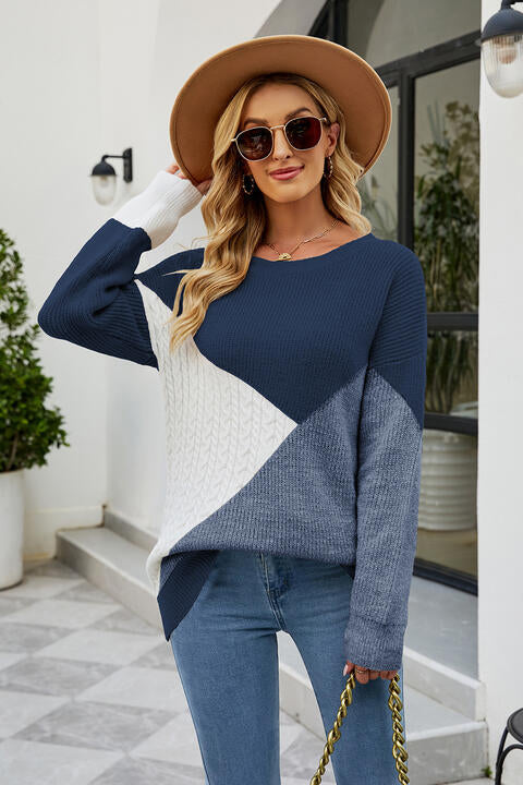 Color Block Round Neck Sweater BLUE ZONE PLANET