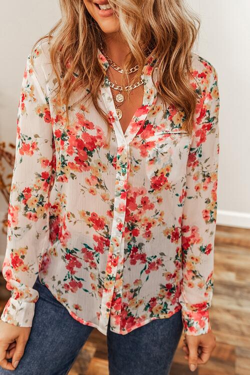 Floral Button Up Long Sleeve Shirt BLUE ZONE PLANET