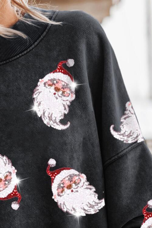 Sequin Santa Round Neck Drop Shoulder Sweatshirt BLUE ZONE PLANET