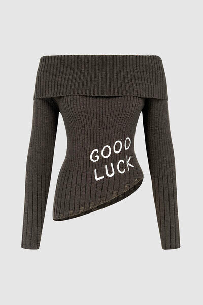 Blue Zone Planet |  GOOD LUCK Distressed Off-Shoulder Sweater BLUE ZONE PLANET