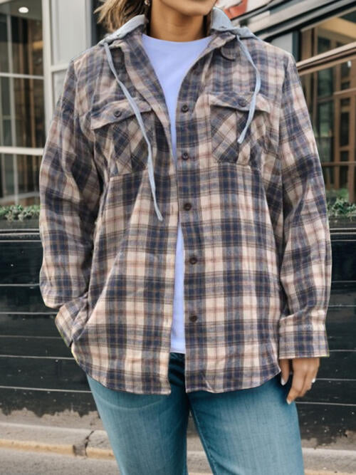 Plus Size Plaid Button Up Long Sleeve Hooded Jacket BLUE ZONE PLANET
