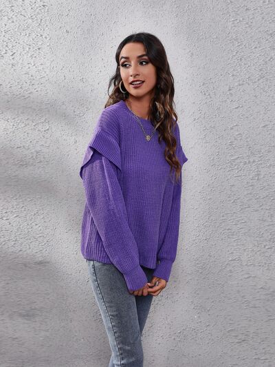 Ruffled Round Neck Dropped Shoulder Sweater BLUE ZONE PLANET