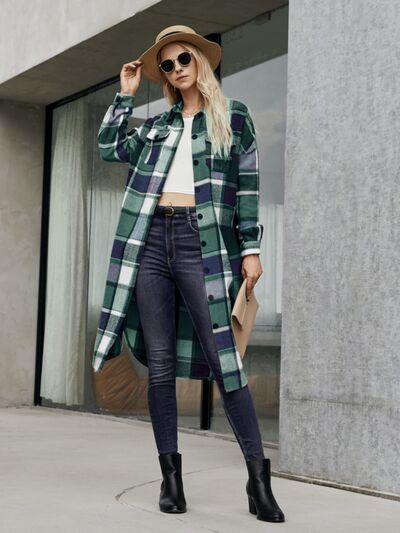 Blue Zone Planet |  Plaid Pocketed Button Up Trench Coat BLUE ZONE PLANET