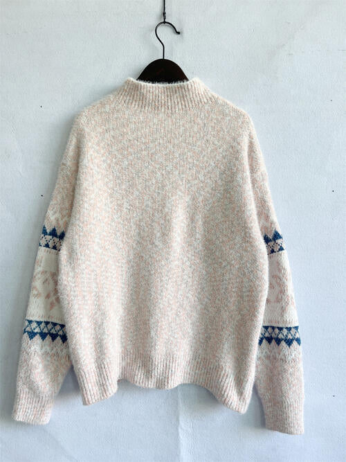 Geometric Mock Neck Dropped Shoulder Sweater BLUE ZONE PLANET