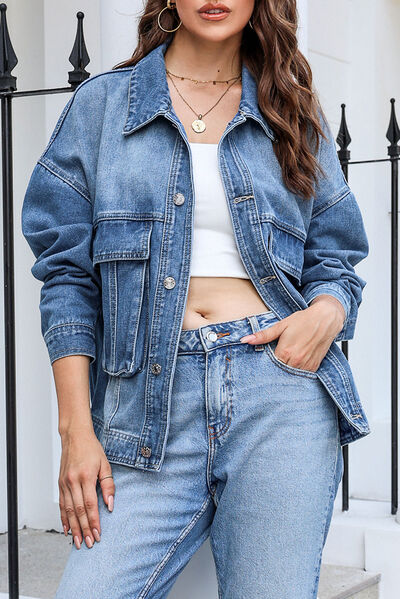 Blue Zone Planet |  Button Up Dropped Shoulder Denim Jacket with Pockets BLUE ZONE PLANET