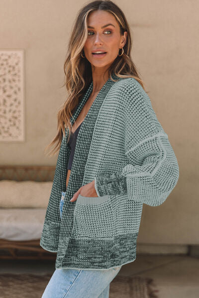 Waffle-knit Pocketed Open Front Cardigan BLUE ZONE PLANET