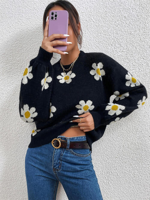 Flower Round Neck Latern Sleeve Sweater BLUE ZONE PLANET