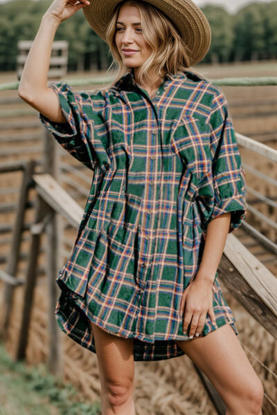 Blue Zone Planet |  Plaid Button Up Collared Neck Shirt Dress BLUE ZONE PLANET