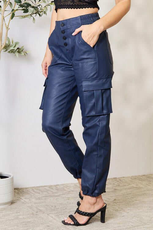 Kancan High Waist Faux Leather Cargo Joggers BLUE ZONE PLANET