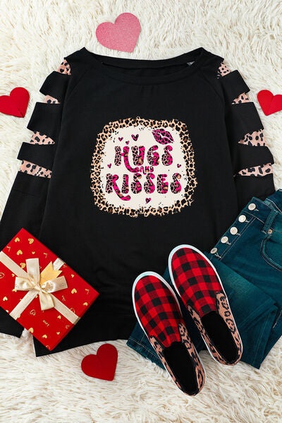 HUGS AND KISSES Leopard Round Neck Sweatshirt-TOPS / DRESSES-[Adult]-[Female]-2022 Online Blue Zone Planet