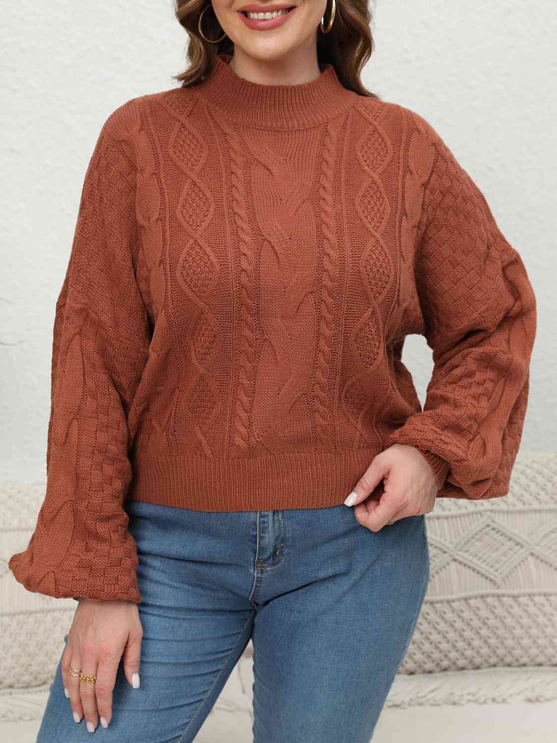 Plus Size Mock Neck Cable Knit Long Sleeve Sweater BLUE ZONE PLANET