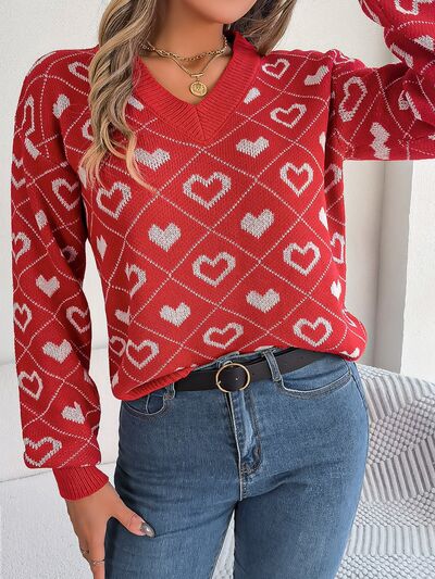 Heart Pattern V-Neck Long Sleeve Sweater BLUE ZONE PLANET