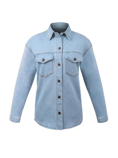 Button Up Pocketed Denim Jacket Trendsi