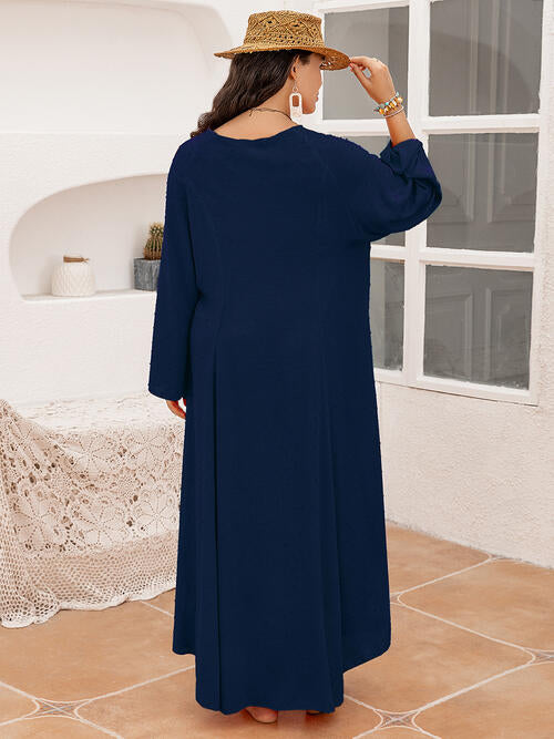 Plus Size Tie Neck Long Sleeve Slit Dress BLUE ZONE PLANET