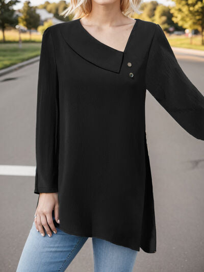 Asymmetrical Neck Long Sleeve Blouse BLUE ZONE PLANET