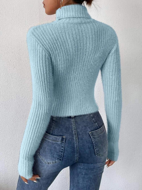 Ribbed Turtleneck Long Sleeve Sweater BLUE ZONE PLANET