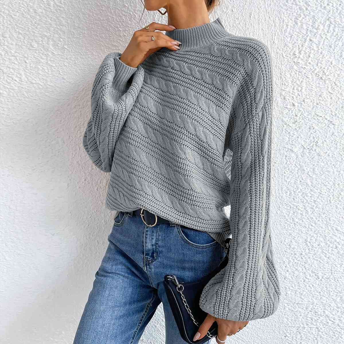 Cable-Knit Mock Neck  Long Sleeve Sweater BLUE ZONE PLANET