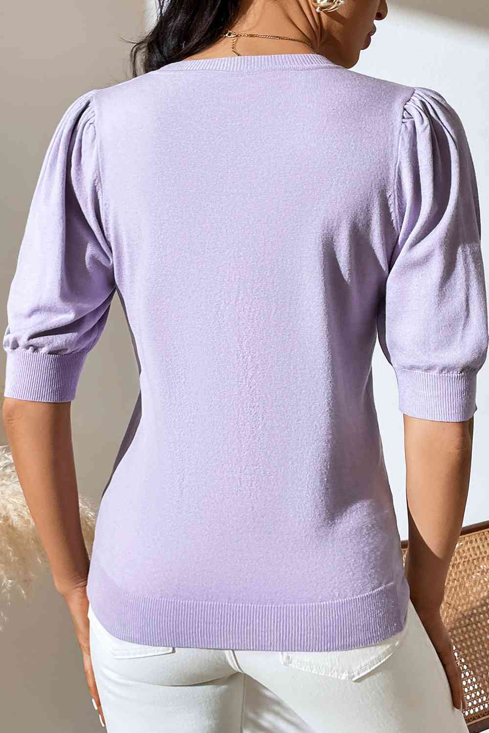 Round Neck Puff Sleeve Knit Top BLUE ZONE PLANET