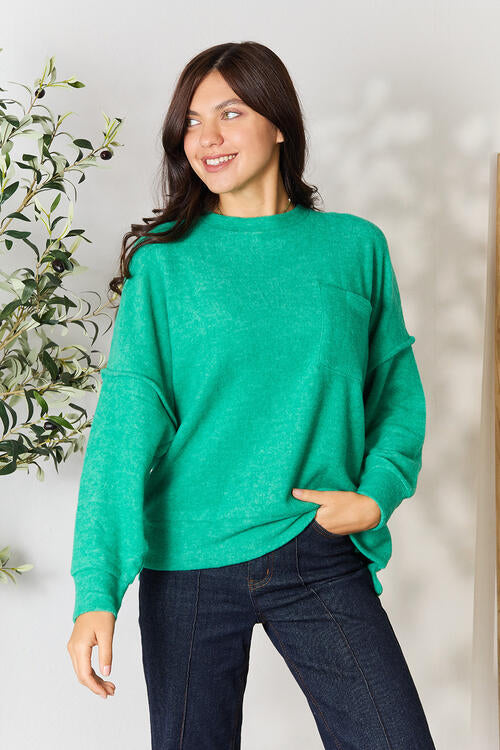 Zenana Round Neck Long Sleeve Sweater-NEW ARRIVALS-[Adult]-[Female]-Kelly Green-S/M-2022 Online Blue Zone Planet